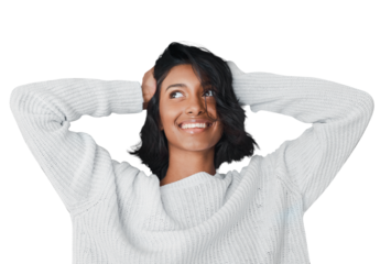 Cosmetics, skincare and fashion of woman on isolated transparent png background. Thinking, happiness and Indian female model with makeup, dermatology and beauty facial treatment for skin health