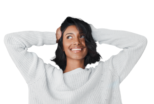 Cosmetics, skincare and fashion of woman on isolated transparent png background. Thinking, happiness and Indian female model with makeup, dermatology and beauty facial treatment for skin health