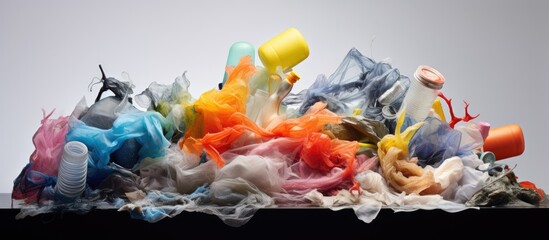 Recycled plastic waste displayed on grey background, emphasizing ecology.