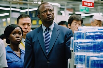 An annoyed, unhappy shop manager. Black CEO of a shop, store. Outrageous situation. A sales manager surrounded by his assistant and customers. Face expression, emotions. Grumpy, unpleased man