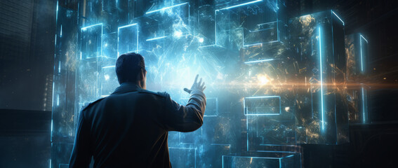 Businessman Engaging with Advanced Holographic Data Structures