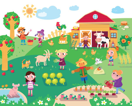 Cute farmers and animals on the farm. Cartoon funny characters. Vector illustration for children on background. Big scene, summer picture for children's book.