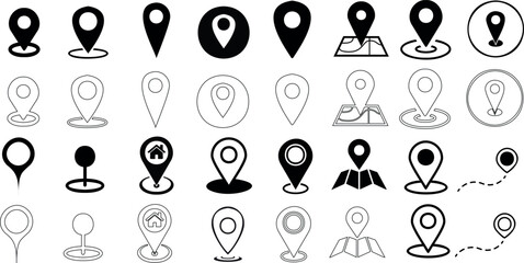 Map Pins icons Vector Illustration set, Perfect for location, navigation, travel-related designs. Includes diverse map pins: flags, people, symbols. Essential for cartography, geography, GPS systems