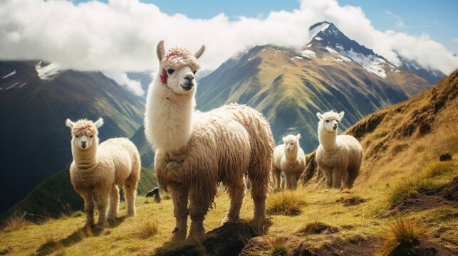 Fluffy baby alpacas grazing on a picturesque Andean mountain slope, their woolly coats keeping them warm, with misty clouds and snow-capped peaks in the distance.