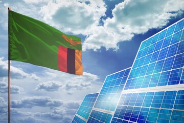 Zambia solar energy, alternative energy industrial concept with flag industrial illustration - fight with global climate changing, 3D illustration