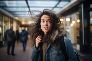 Portrait of a beautiful young woman with flying hair in the city