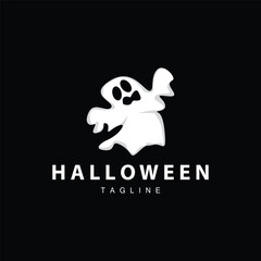 Spooky Ghost Logo, Simple Halloween Cartoon Devil Design Illustration Template Black Background
