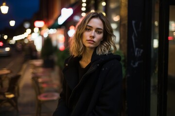 Beautiful girl in a black coat in the city at night.