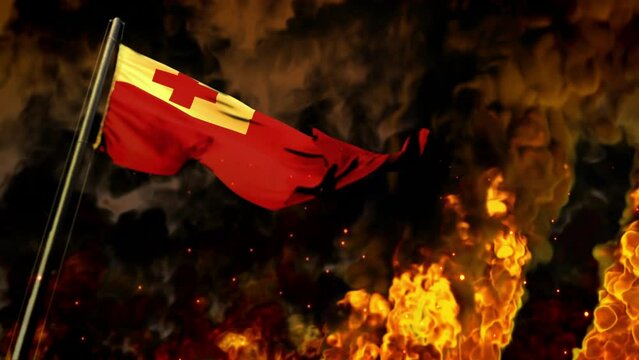 waving Tonga flag on burning fire backdrop - problem concept