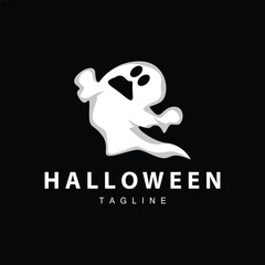 Spooky Ghost Logo, Simple Halloween Cartoon Devil Design Illustration Template Black Background