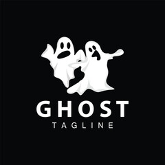 Spooky Ghost Logo, Simple Halloween Cartoon Devil Design Illustration Template Black Background