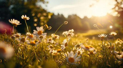 Field of Flowers at Sunset. Generative Ai