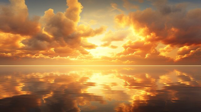 Golden Amber Clouds hover over a tranquil lake, creating a breathtaking mirror image on the water's surface.