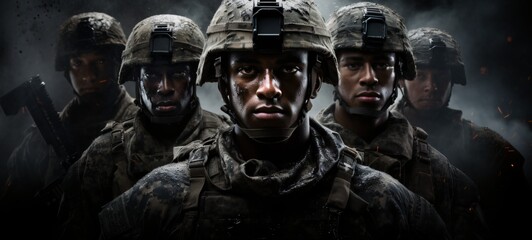 Cinematic Display of Military Strength - Soldiers in Formation, Powerful and Disciplined, Dark Background - obrazy, fototapety, plakaty