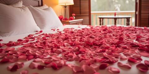 Obraz na płótnie Canvas Rose and her petals on the bed for a romantic evening,, Scattered petals from red roses on a bed Generative Ai