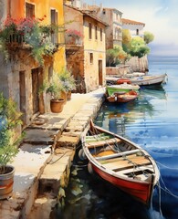 Fototapeta na wymiar watercolor painting of boats docked in a harbor next to a village building