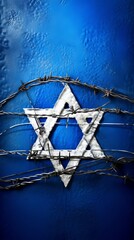 Fototapeta na wymiar White and blue Star of David surrounded by barbed wire, symbolizing the suffering of the Jewish and Israel people and Memorial International Holocaust Remembrance Day