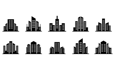 Set of city building silhouette icons, with various building shapes. Suitable for design needs
