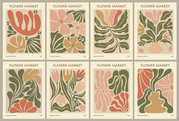Fototapeta na wymiar Set of abstract Flower Market posters. Trendy botanical wall art with floral design in sage green pastel colors. Modern naive groovy funky hippie interior decorations, paintings. Vector illustration.