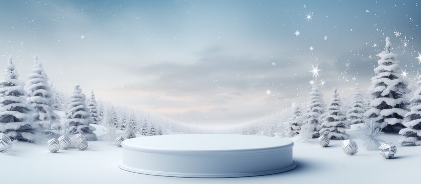 Winter holiday concept depicted with a white stage podium and snowfall, 3d rendered.