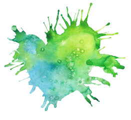 Watercolor stain with green and blue paint colors making heart abstract shape