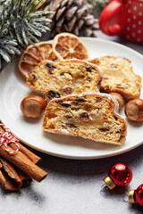 Christmas stollen with winter holidays decoration.
