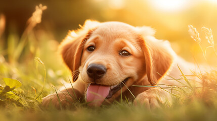 Banner of a happy dog puppy lying in the grass with copy space