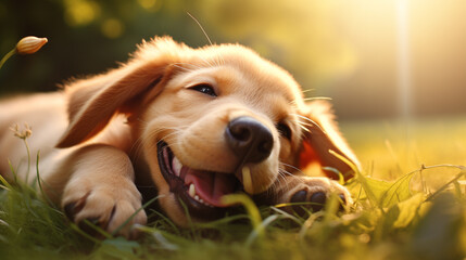Banner of a happy dog puppy lying in the grass with copy space - obrazy, fototapety, plakaty