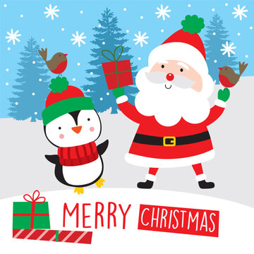 Cute Santa Claus and Penguin on Christmas Tree Background