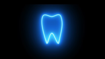 Teeth neon contour blue magenta bright black background icon symbol dentistry illustration. Healthy dental logo design tooth icon. Neon blue tooth silhouette isolated on black background.
