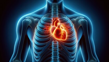 X-ray view of the human chest with a healthy, glowing heart - obrazy, fototapety, plakaty