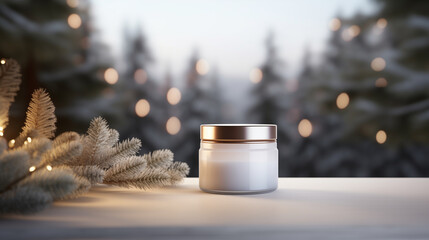 Mock up of skincare jar on white surface. Isolated in Scandinavian interior background with pine tree and lights. Beauty product packaging. Product photography. Holiday, winter celebration. - obrazy, fototapety, plakaty