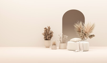Warm neutral interior wall mockup in soft minimalist living room with rounded beige armchair, wooden side table and dry palm leaf in vase. Illustration, 3d rendering.
 - obrazy, fototapety, plakaty