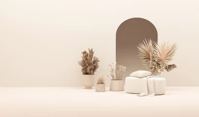 Foto op Canvas Warm neutral interior wall mockup in soft minimalist living room with rounded beige armchair, wooden side table and dry palm leaf in vase. Illustration, 3d rendering.  © Tiviland
