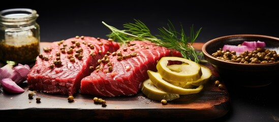 Raw beef steak with onion, capers, and pickled cucumbers on a table.