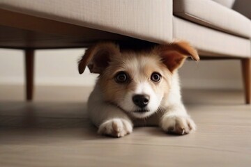 puppy on the floor under the sofa