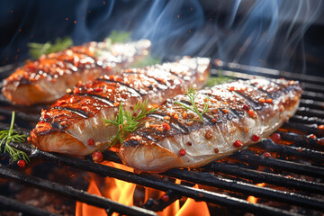 Grilled fish. Cooking fish on the barbecue grid.
