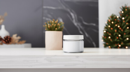 Mock up of glass skincare jar on marble surface. Isolated in modern Scandinavian interior background with decorations, tree. Beauty product packaging. Product photography. Holiday, winter celebration.