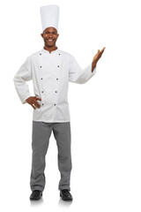 Chef with hand pointing, smile and portrait isolated on transparent png background with menu deal presentation. Fine dining, hospitality or catering with black man, cook or baker for restaurant promo