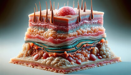 Human Skin Cross-Section with Visible Layers for Dermatology Education - obrazy, fototapety, plakaty