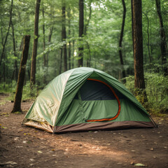 A vibrant camping tent set up in the wilderness, offering a cosy retreat amidst nature.