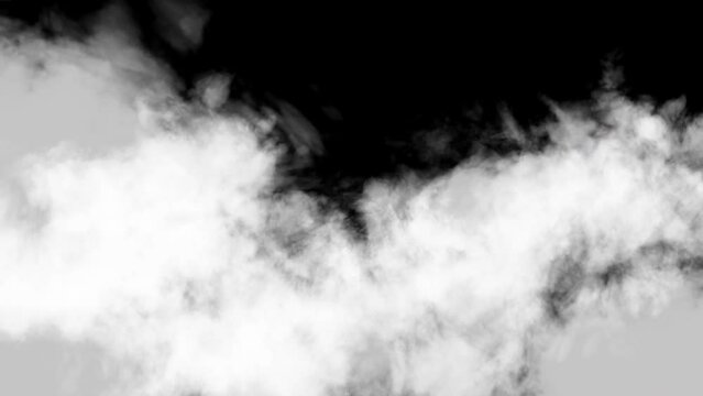 Cloud flying through moving on black background. White cloudscape atmosphere motion graphics animation on black. 3D rendering.