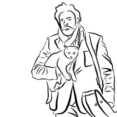 Cartoon of a man carrying a cat and a guitar
