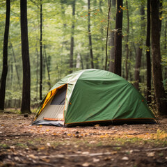 A vibrant camping tent set up in the wilderness, offering a cosy retreat amidst nature.