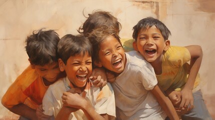 Laughter echoing in the air, friends sharing a moment of pure joy, heads thrown back in happiness.