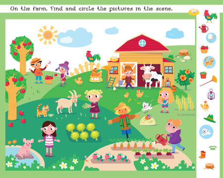 Find hidden objects in picture. Educational puzzle game for kids.  Cute farmers and animals on the farm. Cartoon funny characters. Vector illustration for children on background.