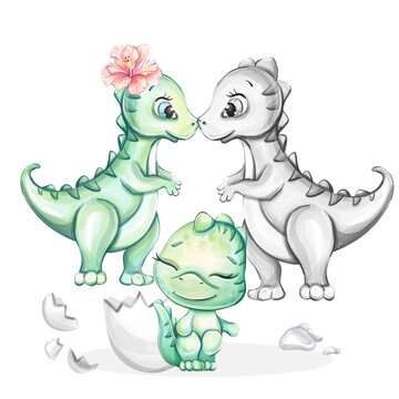 Watercolor cute baby dinosaur. Dino family. Newborn. Cartoon art for nursery, babyshower, decor, stickers, textile prints with historical, wild animals