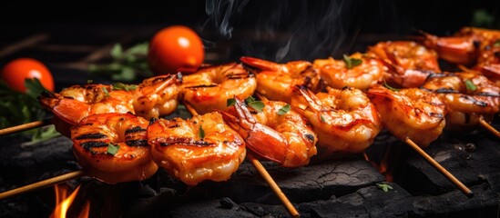 Wooden skewers with grilled prawns, kebab of shrimp.