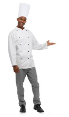 Portrait, man and chef with smile for offer, suggestion or choice with hand in gesture. Black person, cook and presentation for health, nutrition or wellness on isolated or transparent png background