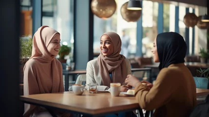 Fotobehang three muslim women having tea at cafeteria © Cavan